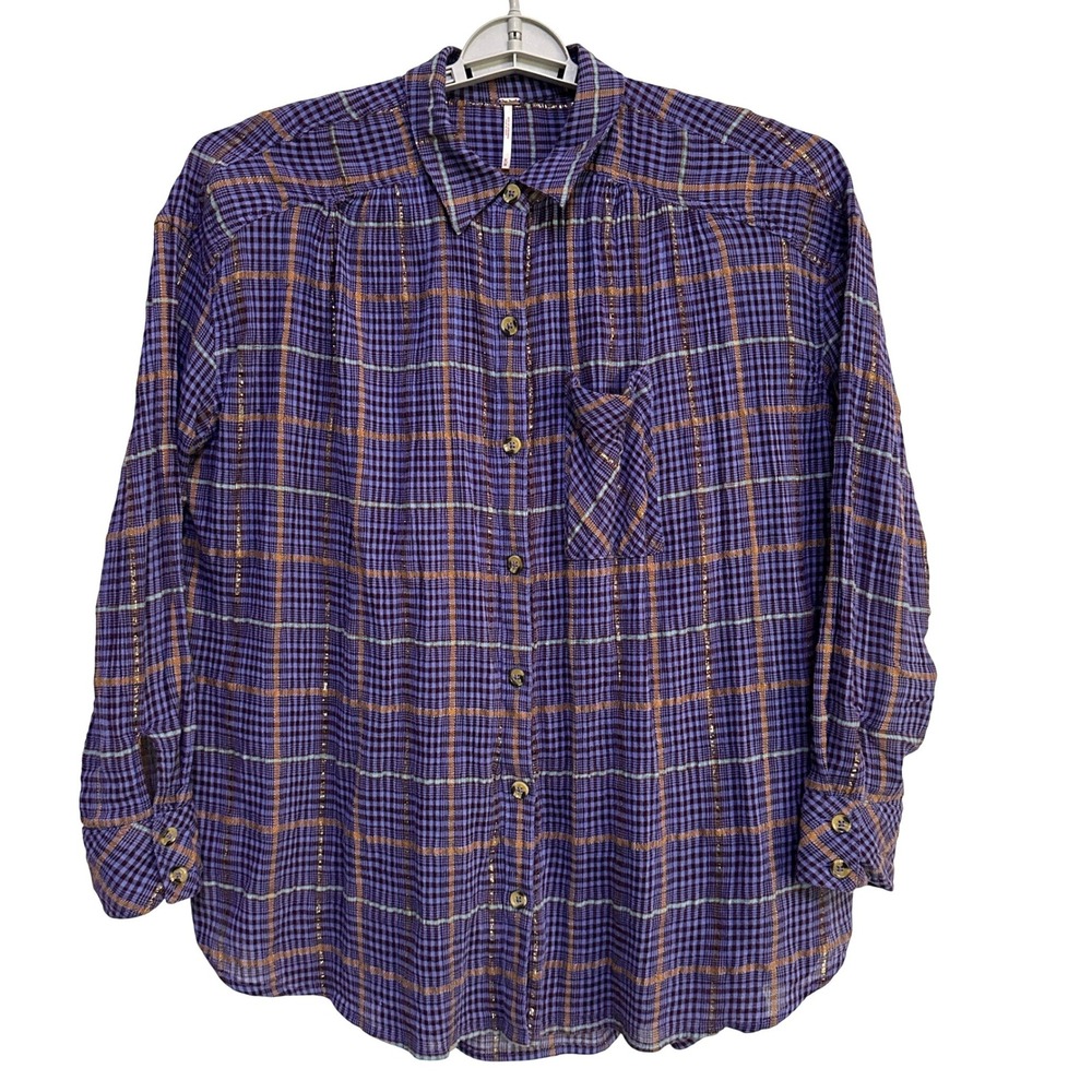 Free People Plaid Button Down Shirt Womens M Oversized Lagenlook Boho Grunge Top